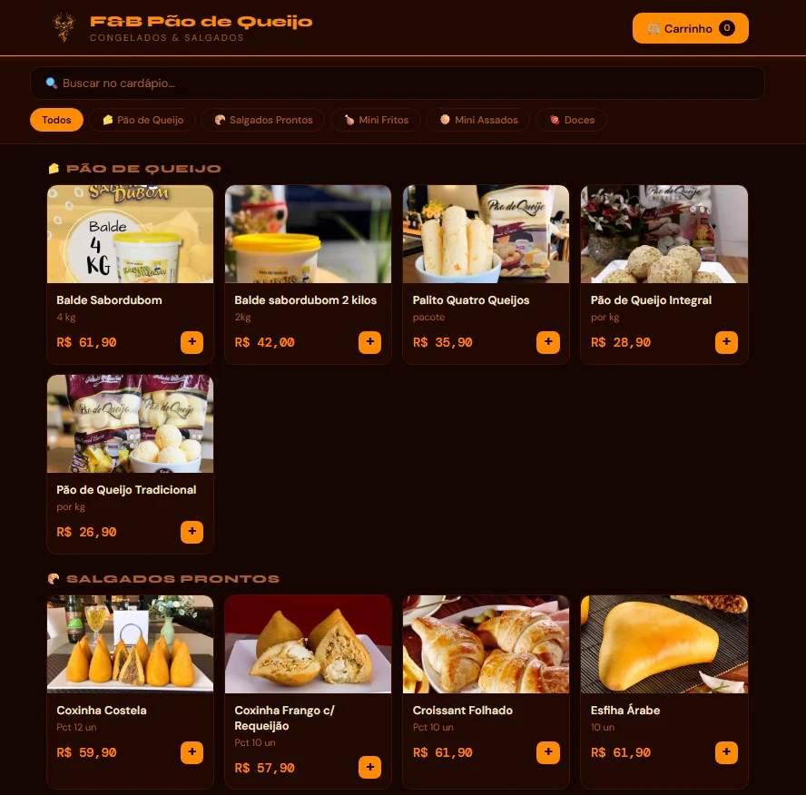 Catálogo do cardápio digital F&B Pão de Queijo com pesquisa, categorias e produtos.