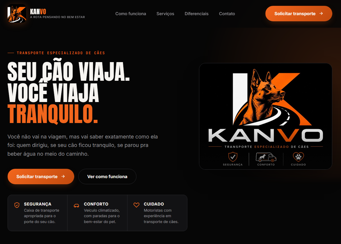 Hero do site Kanvo Transporte com a mensagem Seu cão viaja. Você viaja tranquilo.