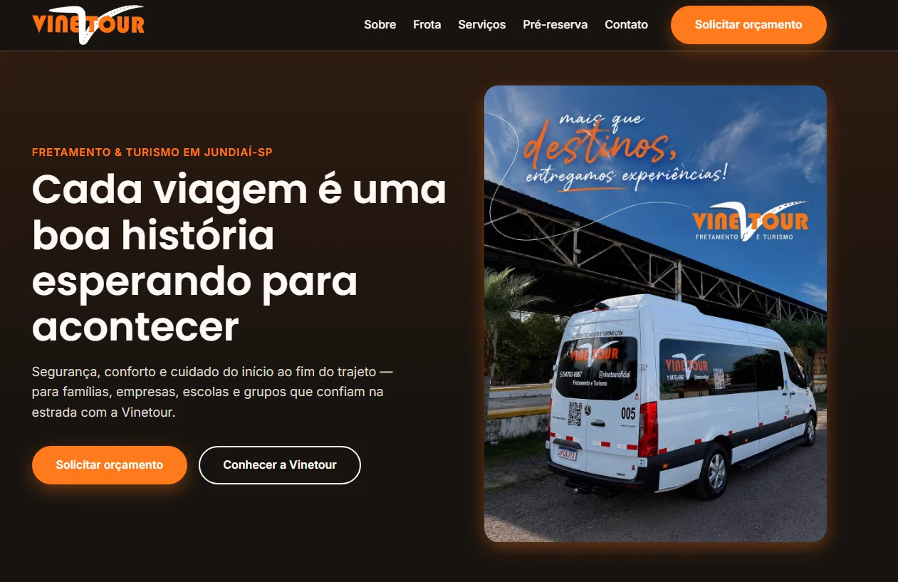 Hero do site Vinetour com veículo e identidade marrom e laranja.